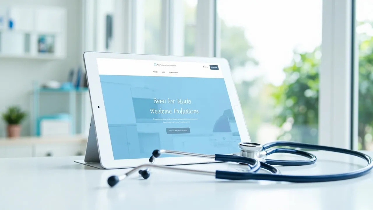 Symbolbild: eine moderne Arztpraxis-Website auf einem Tablet, daneben ein Stethoskop und eine kleine Pflanze auf hellem Hintergrund